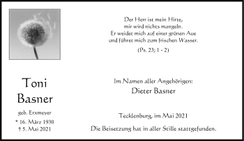 Anzeige von Toni Basner 