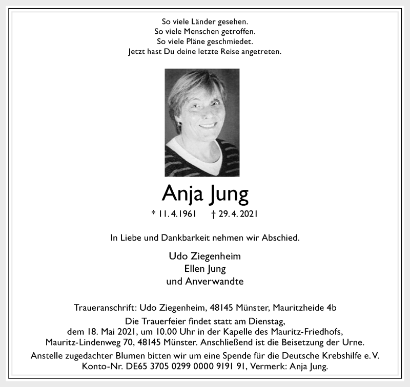  Traueranzeige für Anja Jung vom 08.05.2021 aus 