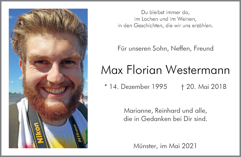  Traueranzeige für Max Florian Westermann vom 22.05.2021 aus 