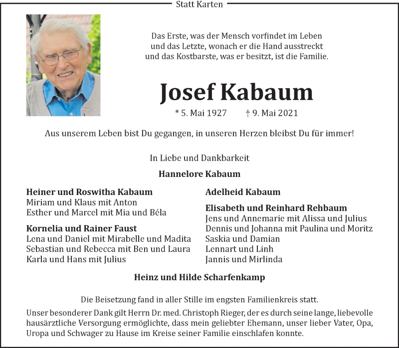 Traueranzeige für Josef Kabaum vom 22.05.2021 aus 