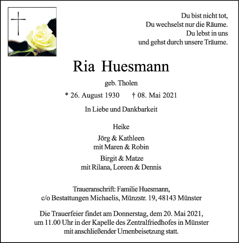  Traueranzeige für Ria Huesmann vom 12.05.2021 aus 