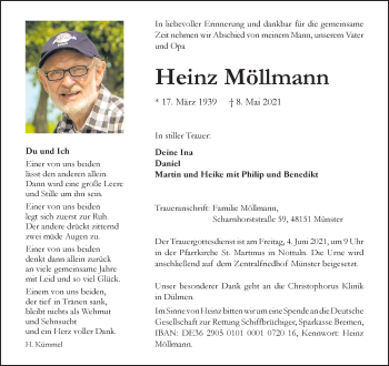 Anzeige von Heinz Möllmann 