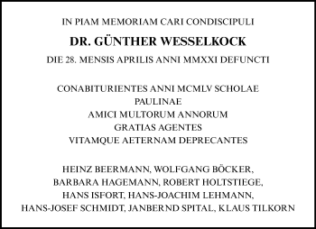 Anzeige von Günther Wesselkock 