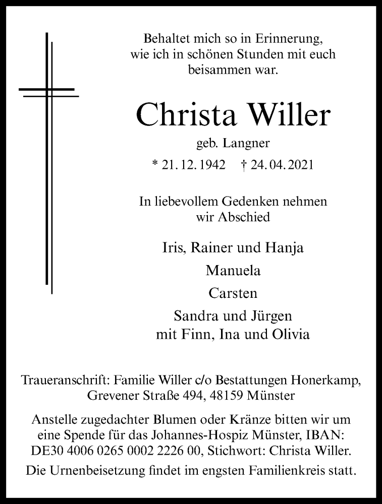 Traueranzeige für Christa Willer vom 01.05.2021 aus 
