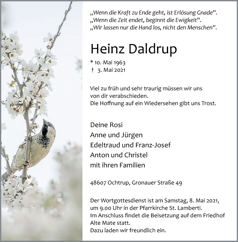  Traueranzeige für Heinz Daldrup vom 06.05.2021 aus 