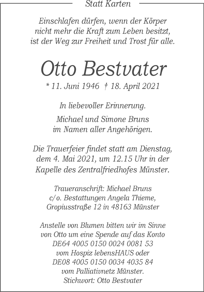  Traueranzeige für Otto Bestvater vom 01.05.2021 aus 