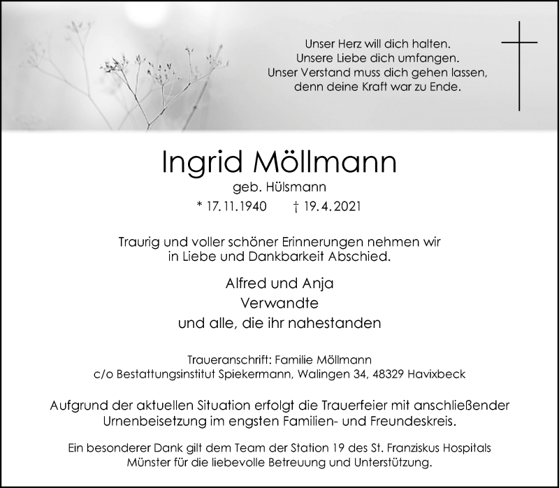  Traueranzeige für Ingrid Möllmann vom 01.05.2021 aus 