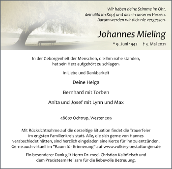 Anzeige von Johannes Mieling 
