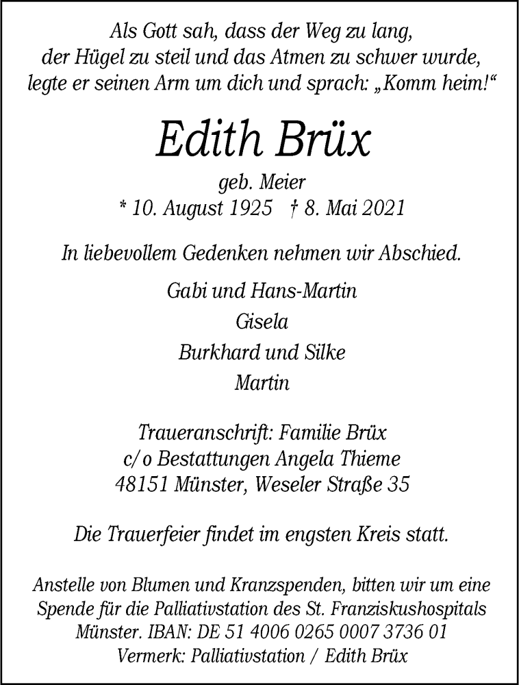  Traueranzeige für Edith Brüx vom 15.05.2021 aus 