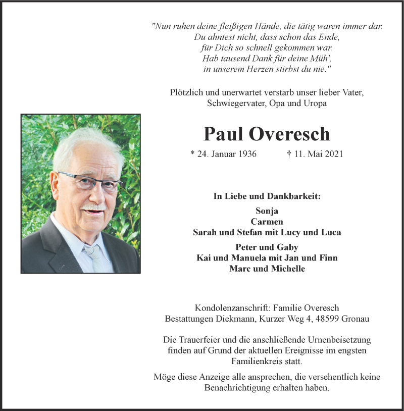  Traueranzeige für Paul Overesch vom 19.05.2021 aus 