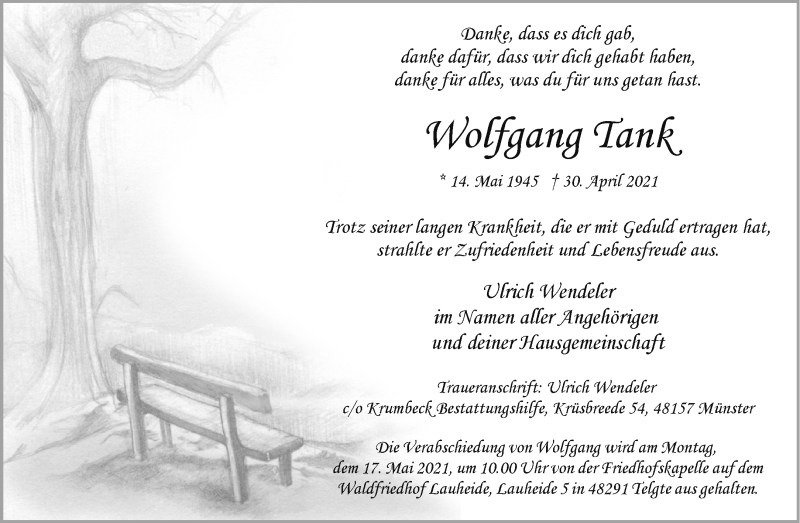  Traueranzeige für Wolfgang Tank vom 08.05.2021 aus 