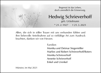 Anzeige von Hedwig Schrieverhoff 