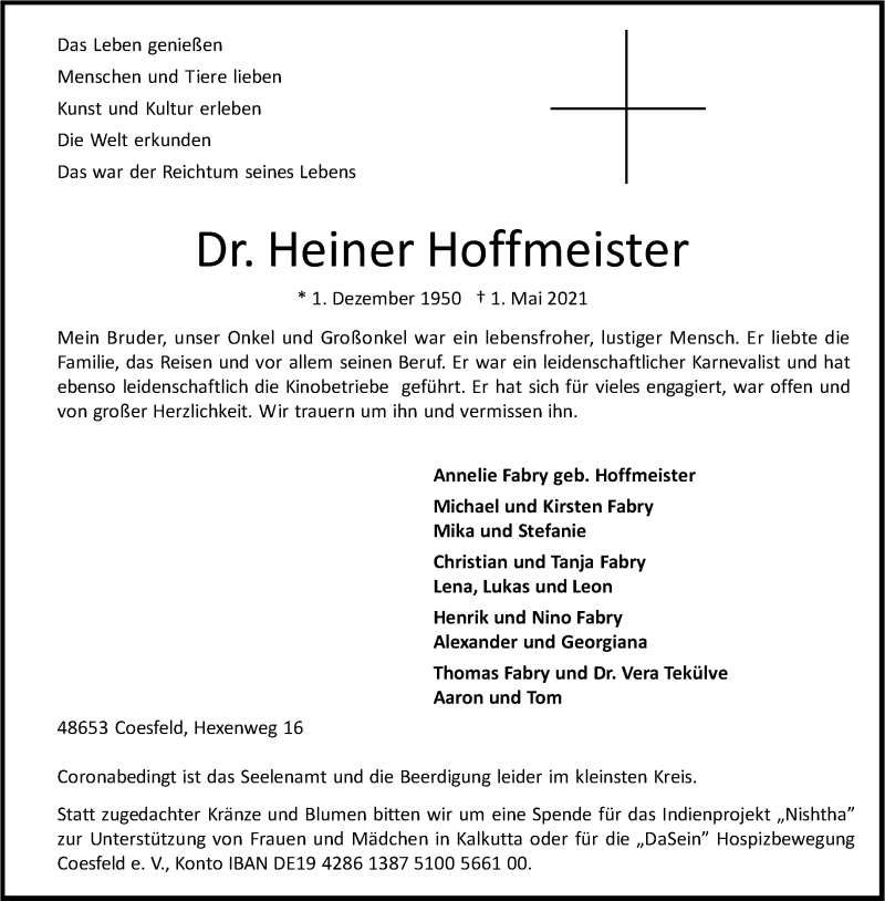  Traueranzeige für Heiner Hoffmeister vom 05.05.2021 aus 