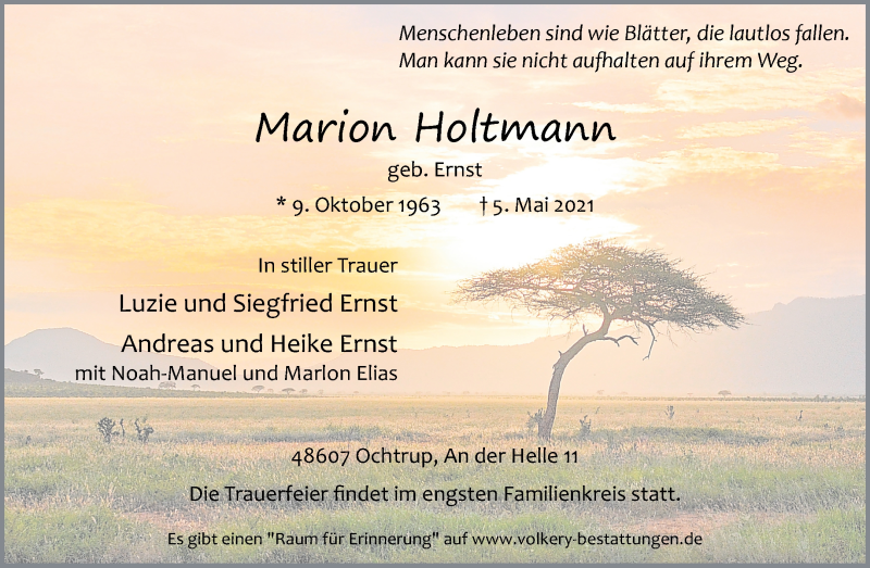  Traueranzeige für Marion Holtmann vom 07.05.2021 aus 