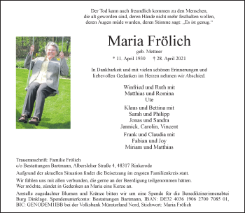 Anzeige von Maria Frölich 