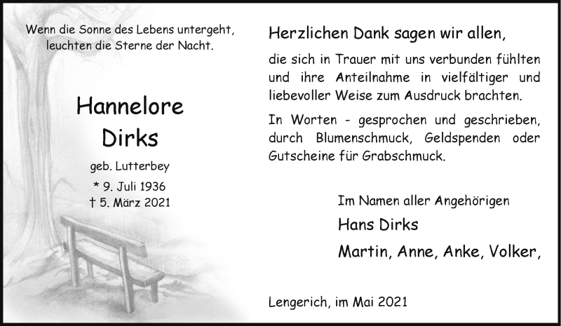  Traueranzeige für Hannelore Dirks vom 01.05.2021 aus 