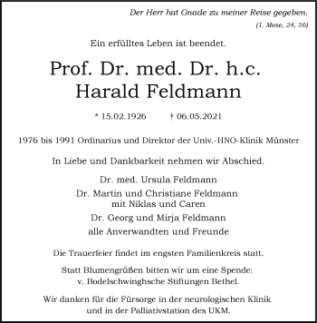 Anzeige von Harald Feldmann 