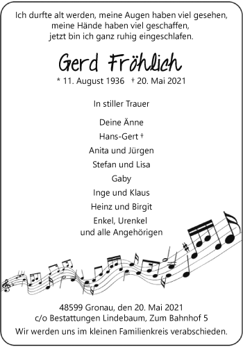 Anzeige von Gerd Fröhlich 