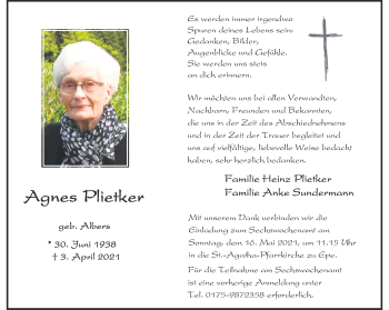 Anzeige von Agnes Plietker 