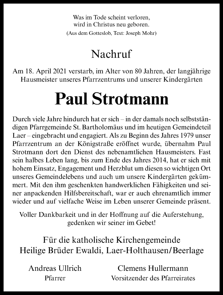  Traueranzeige für Paul Strotmann vom 28.04.2021 aus 