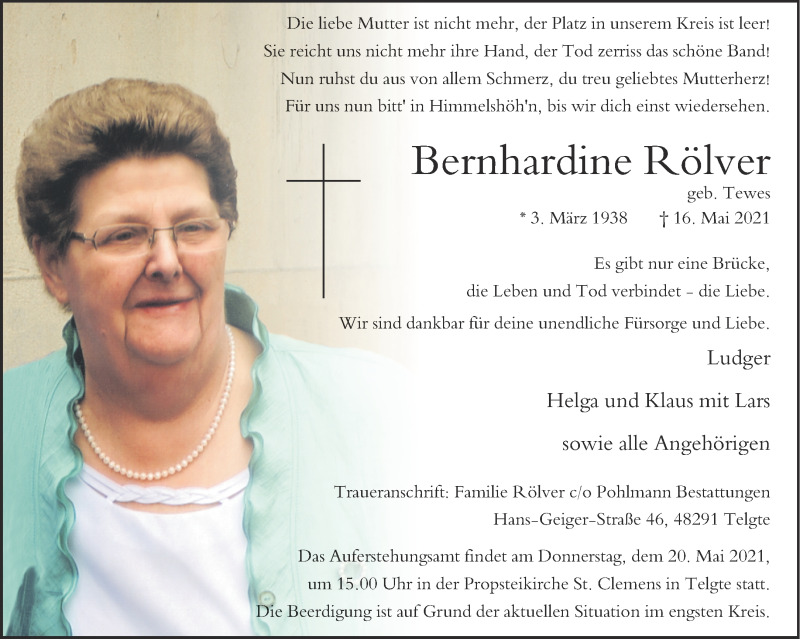  Traueranzeige für Bernhardine Rölver vom 19.05.2021 aus 