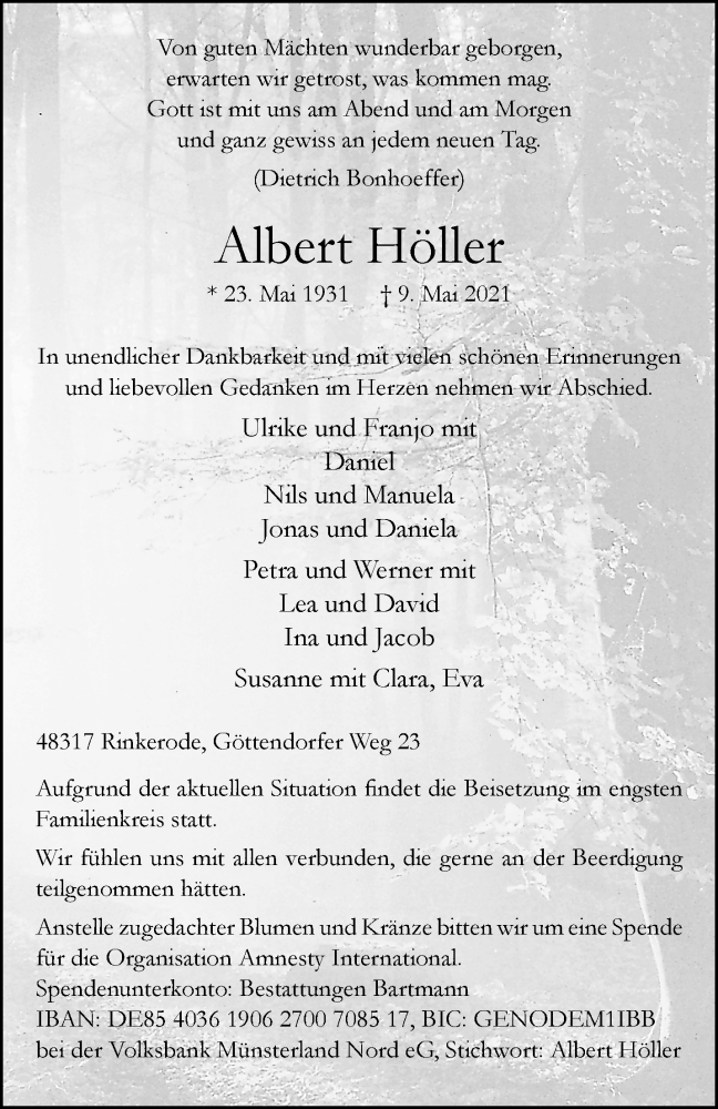  Traueranzeige für Albert Höller vom 13.05.2021 aus 