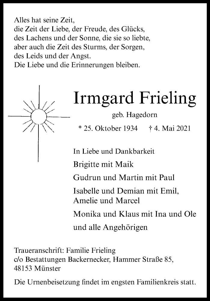  Traueranzeige für Irmgard Frieling vom 08.05.2021 aus 