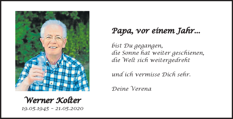  Traueranzeige für Werner Kolter vom 22.05.2021 aus 