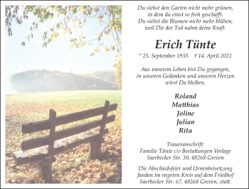 Anzeige von Erich Tünte 