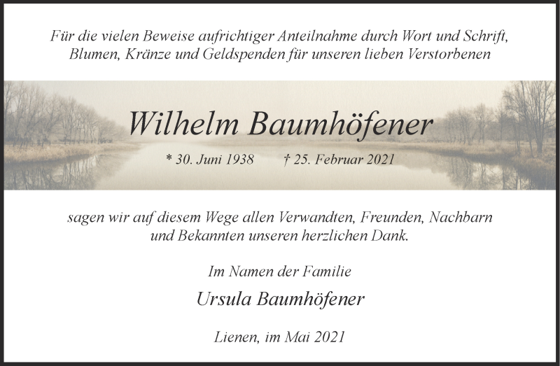  Traueranzeige für Wilhelm Baumhöfener vom 29.05.2021 aus 