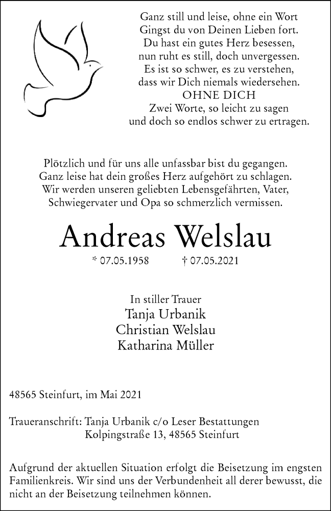  Traueranzeige für Andreas Welslau vom 15.05.2021 aus 
