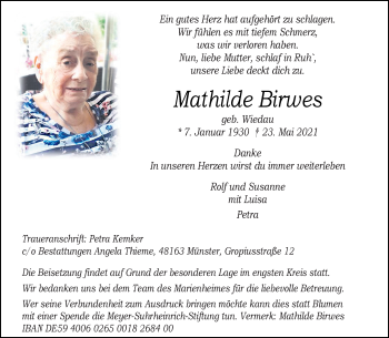 Anzeige von Mathilde Birwes 