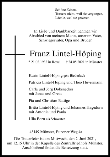 Anzeige von Franz Lintel-Höping 
