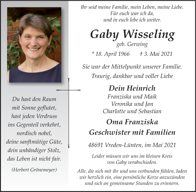  Traueranzeige für Gaby Wisseling vom 06.05.2021 aus 