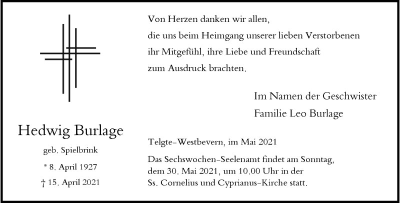  Traueranzeige für Hedwig Burlage vom 26.05.2021 aus 