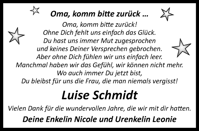  Traueranzeige für Luise Schmidt vom 01.05.2021 aus 