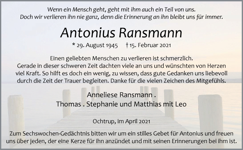  Traueranzeige für Antonius Ransmann vom 28.04.2021 aus 