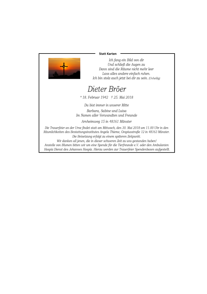  Traueranzeige für Dieter Bröer vom 26.05.2018 aus Westfälische Nachrichten