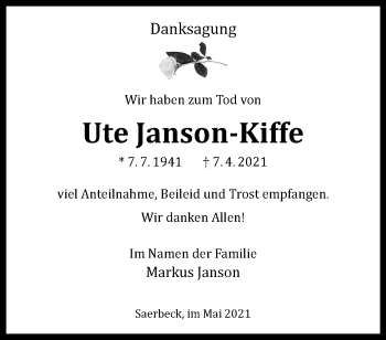 Anzeige von Ute Janson-Kiffe 