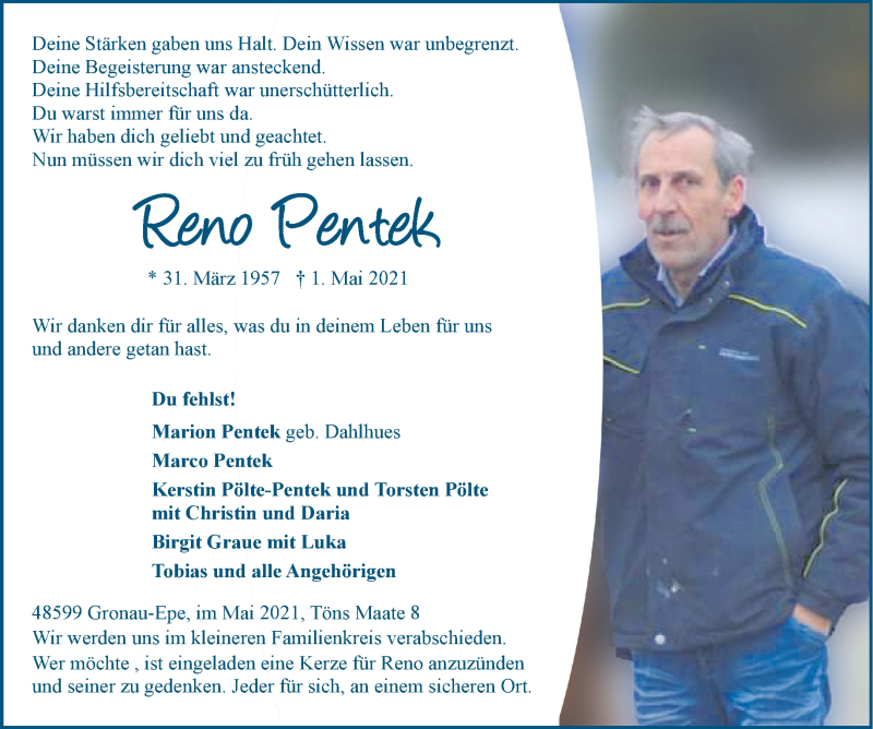  Traueranzeige für Reno Pentek vom 04.05.2021 aus 