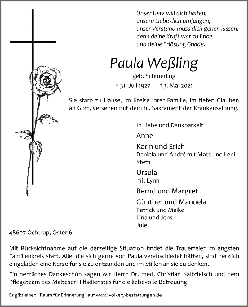  Traueranzeige für Paula Weßling vom 05.05.2021 aus 