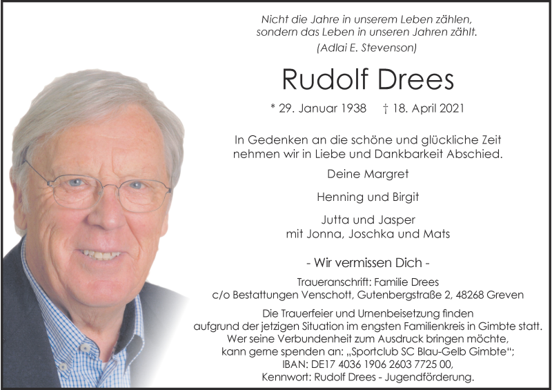  Traueranzeige für Rudolf Drees vom 01.05.2021 aus 