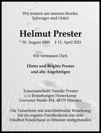 Anzeige von Helmut Prester 