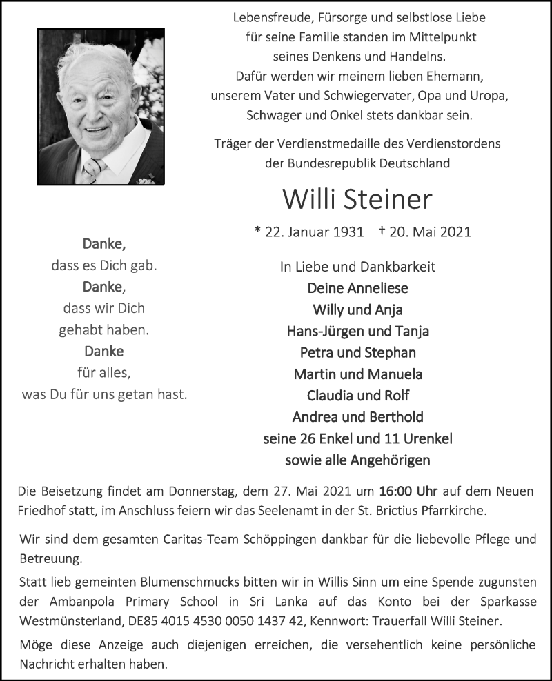  Traueranzeige für Willi Steiner vom 26.05.2021 aus 