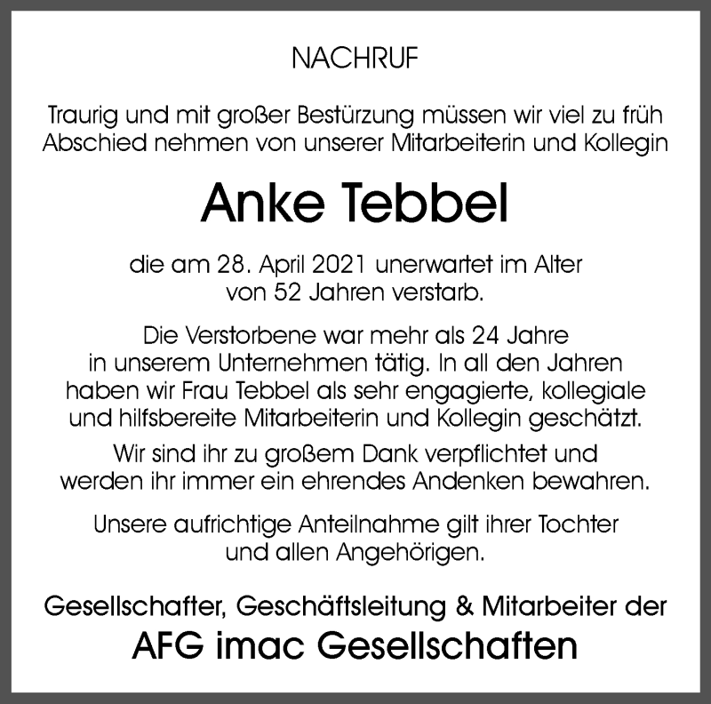  Traueranzeige für Anke Tebbel vom 08.05.2021 aus 
