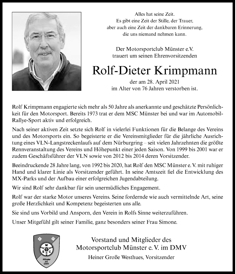  Traueranzeige für Rolf-Dieter Krimpmann vom 05.05.2021 aus 