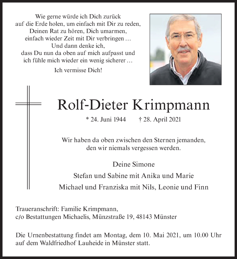  Traueranzeige für Rolf-Dieter Krimpmann vom 01.05.2021 aus 