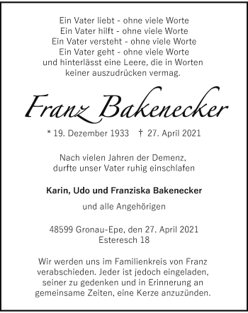 Anzeige von Franz Bakenecker 