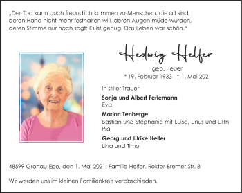 Anzeige von Hedwig Helfer 