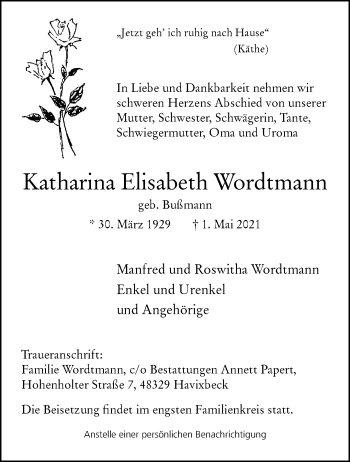 Anzeige von Katharina Elisabeth Wordtmann 